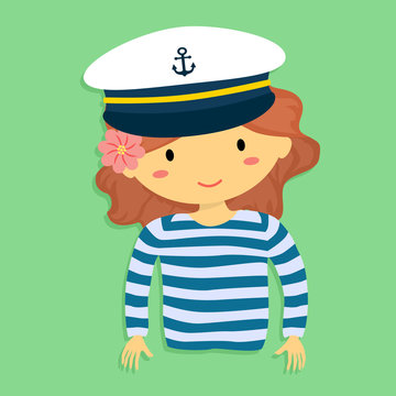 Cartoon Vector Illustration of a Girl with Sailor 

Shirt and Marine Captain Cap in Green Background