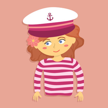 Cartoon Vector Illustration of a Girl with Sailor Shirt and Marine Captain Cap in Pink Background