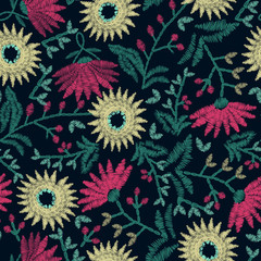 Embroidery floral seamless pattern on navy background