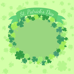 Illustration of St. Patrick's Day greeting card with clover leaves in green and clover shadow background.