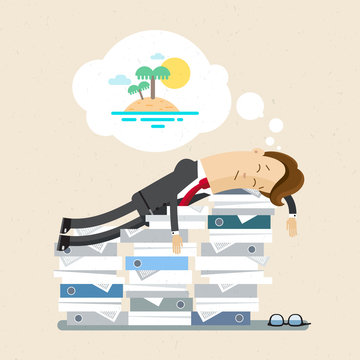 Manager, clerk, office worker. Clipart of a manager tired and sleep on a pile of documents. illustration, flat, vector EPS10.