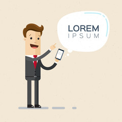 Manager or businessman and a cell phone. Template, Lorem ipsum. A man in a suit  with a cell phone in his hand.  Illustration, vector, EPS 10
