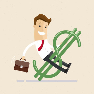 Businessman or manager and dollar. A man in a suit and with a briefcase in hand rides the dollar. Illustration, vector EPS10.