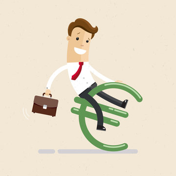  Businessman or manager and euro. A man in a suit and with a briefcase in hand rides the euro. Illustration, vector EPS10.