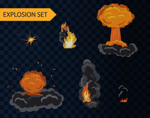 Cartoon explosion animation effect set with smoke.
