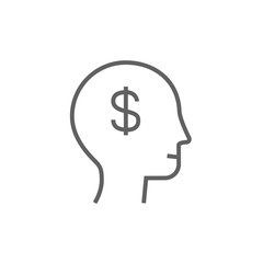 Human head with dollar symbol line icon.