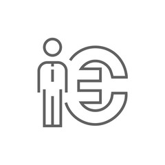 Businessman standing beside the Euro symbol line icon.