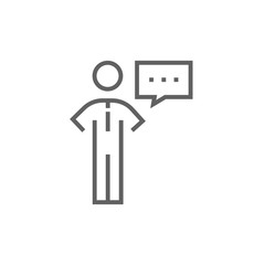 Businessman with a speech square line icon.