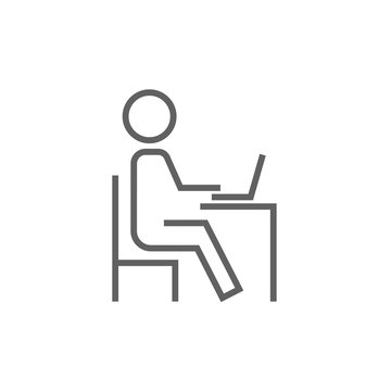 recommend clip art: Student sitting on chair in front of laptop line icon.