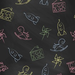 Seamless pattern black chalk board with color children's chalk drawings. Hand-drawn style. Seamless vector wallpaper with the image of  rocking horse, rocket, locomotive, whirligig