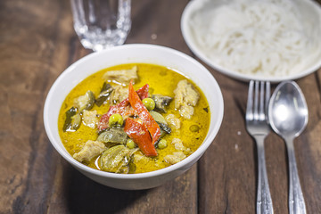 Fish Ball Green Curry with thai rice vermicelli , Thai cuisine.