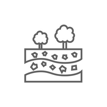 Cut of soil with different layers and trees on top line icon.