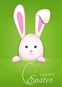 White easter rabbit. Easter Bunny on a green vintage background. Easter bunny and Easter egg with the inscription - Happy Easter. Vector Easter card