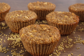 Fresh muffins with millet groats, cinnamon and apple baked with wholemeal flour, delicious healthy dessert