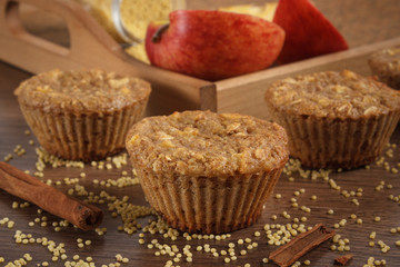 Fresh muffins with millet groats, cinnamon and apple baked with wholemeal flour, delicious healthy dessert