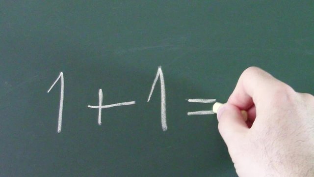 Man's hand writing with chalk on blackboard a false equation in which one plus one equals three , conceptual footage about surprising results arising from common and well established assumptions