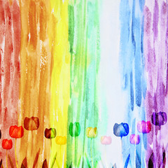 Abstract floral watercolor background with rainbow tulips, doubl