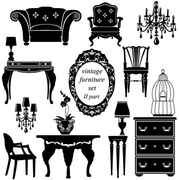 Set of antique furniture - isolated black silhouettes