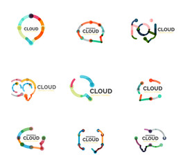 Set of flat linear design speech cloud logos. Talk bubbles, modern geometric industrial thin line icons