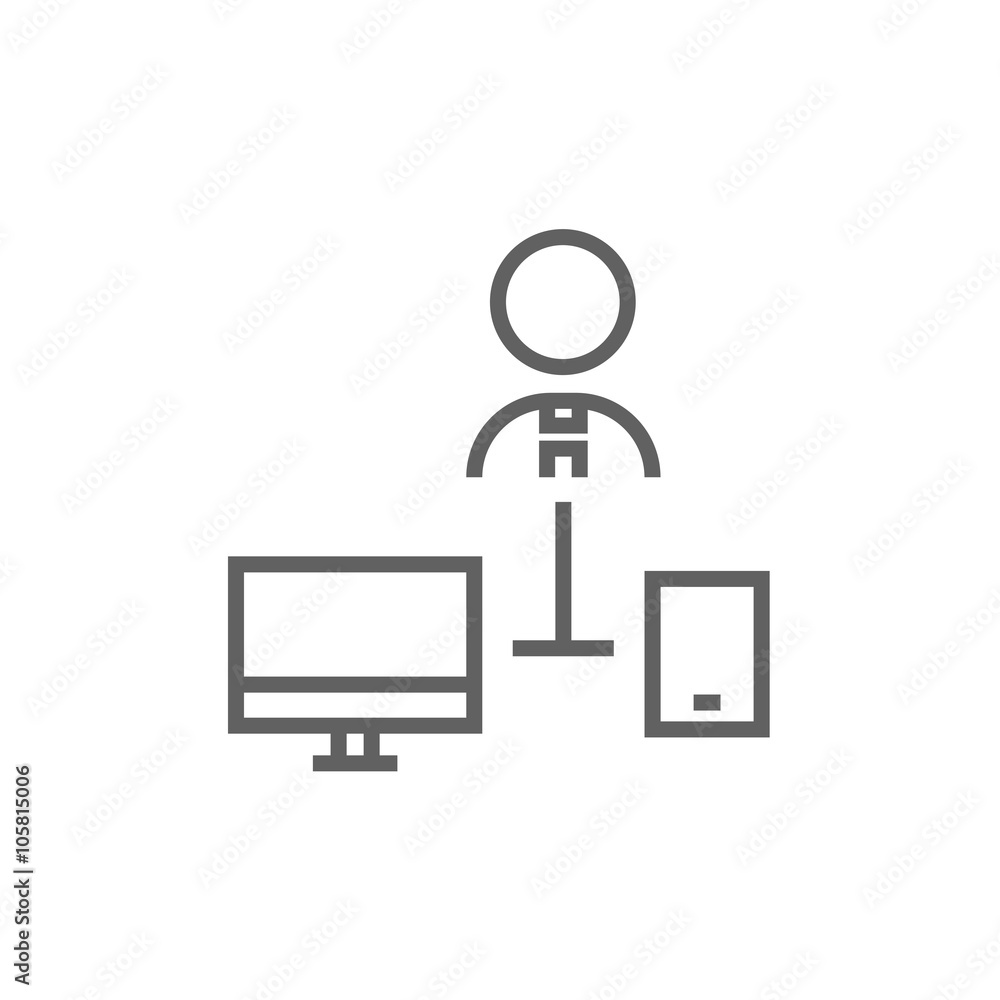 Aufkleber man linked with computer and phone line icon.