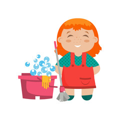 Cartoon character little girl with mop for cleaning floors