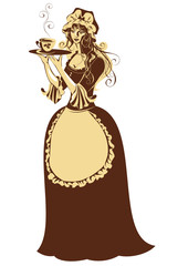 Beautiful girl with coffee cup and pot dressing vintage clothes.
