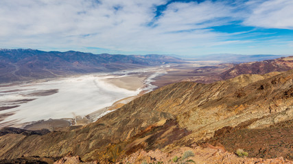 Fototapeta na wymiar Dramatic panoramic view. Dante's view is a fantastic area high above Badwater with views all up and down Death Valley and across to the Panamint Mountains. Dante's View, Death Valley National Park