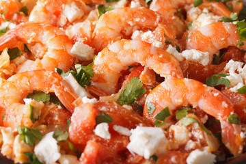 Greek saganaki prawns macro. Horizontal
