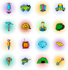 Mining industry icons set, comics style 