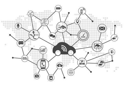 Connected Car Vector Illustration Infographic. Concept Of Connecting To Vehicles With Various Devices.