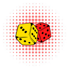 Red and yellow dice icon, comics style 