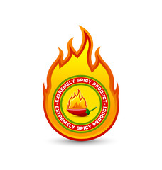 Extremely spicy product fire shaped badge with burning red chilli pepper