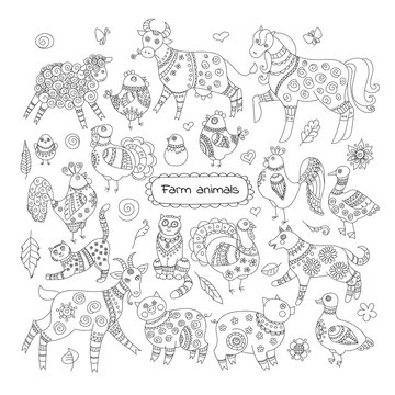 Vector set of doodle farm animals