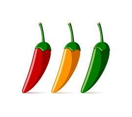 Red, yellow and green chilli peppers on white background