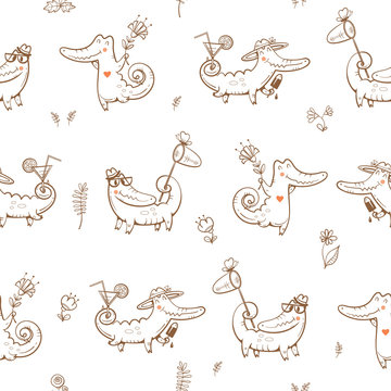 Summer seamless pattern with cute carton crocodiles, ice cream, sunglasses, net  and cocktails. Animals and flowers on  white  background. Vector image.