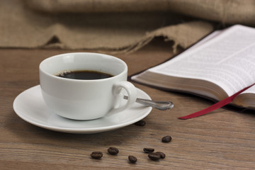 Coffee cup against a rustic background