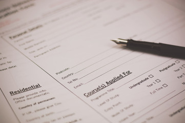 Close up of a university application form