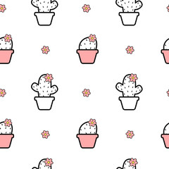 black white pink seamless vector pattern background illustration with cartoon cactus