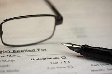 Close up of a university application form