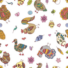 Doodle farm birds seamless pattern