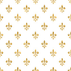 Golden fleur-de-lis seamless pattern. Gold glitter and white template. Floral texture. Glowing fleur de lis royal lily. Design vintage for card, wallpaper, wrapping, textile, etc. Vector Illustration. - obrazy, fototapety, plakaty
