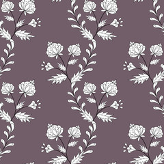 Floral seamless pattern in retro style, cartoon cute flowers brown background