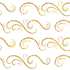 Gold wave seamless pattern. Draw Golden swirl glitter on white background. Abstract wavy texture. Retro Vintage. Design template graphic wallpaper, wrapping, fabric, textile, etc. Vector Illustration.