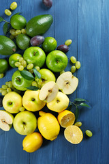 Fruits on dark blue wooden background