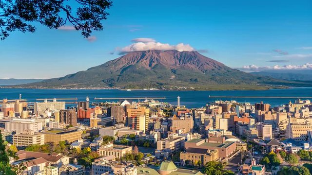 Kagoshima, Japan with Sakurajima Volcano.