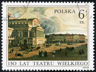 stamp printed in POLAND shows a view of the Grand Theatre