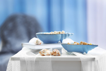 Blue home decor on bedside table in the room