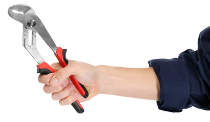 A hand of repairman holding pliers, on white background, close-up