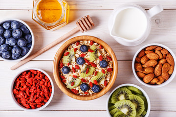 Healthy breakfast - bowl of oat flakes with fresh fruit, almond