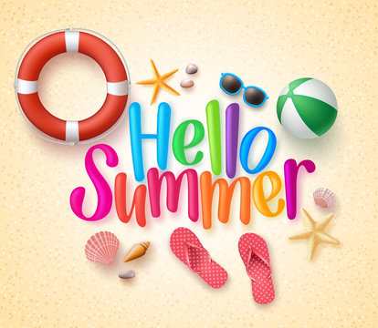 Hello Summer in the Sand Colorful Text and Background with Summer Season Items in the Beach. Vector Illustration
